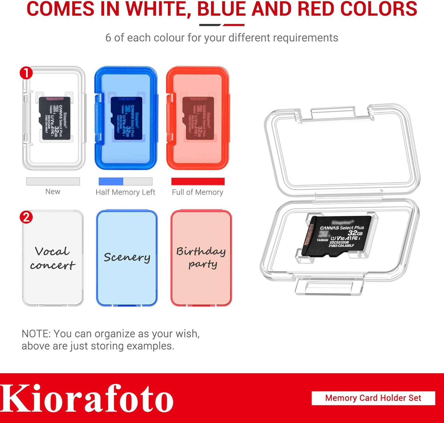 Kiorafoto 18 PCS Multi-Color Clear Plastic Memory Card Holder Case for 18 Micro SD SDXC SDHC TF Cards, Transparent MicroSD MSD Memory Card Case Storage Organizer with Labels