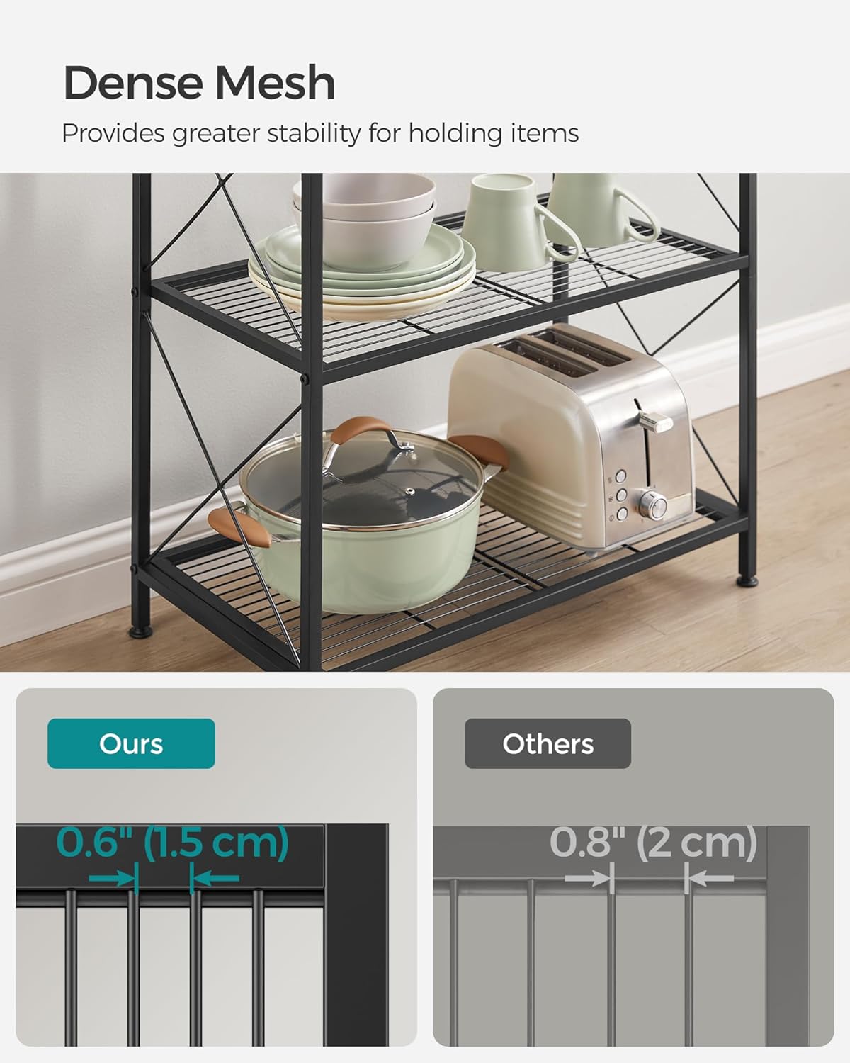 SONGMICS 4-Tier Metal Storage Rack, Shelving Unit with X Side Frames, Dense Mesh, 12.6 x 23.6 x 44.3 Inches, for Entryway, Kitchen, Living Room, Bathroom, Industrial Style, Ink Black UBSC164B01