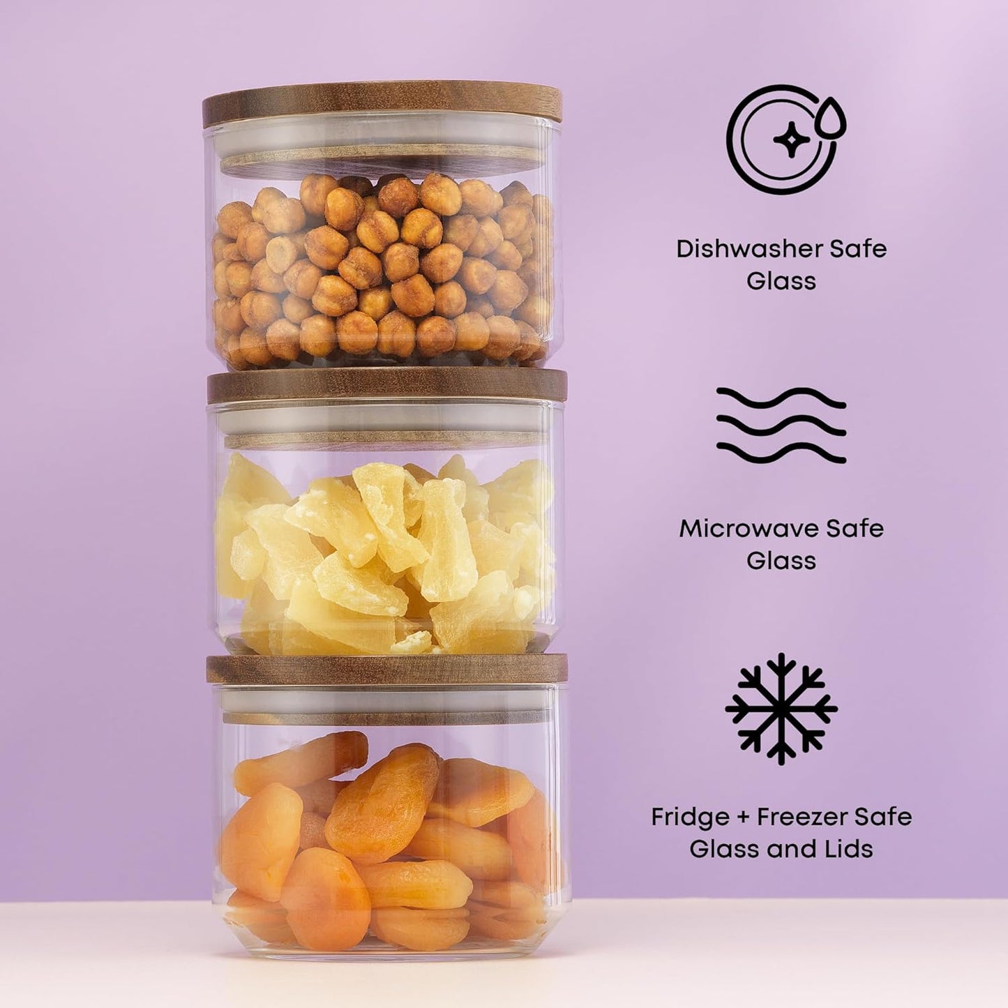 JoyJolt Holden 14oz Stackable Glass Storage Containers with Lids and Wooden Tray, Small Airtight Food Canister Set of 3 with Acacia Wood Lids, Round Clear Stacking Pantry and Kitchen Containers