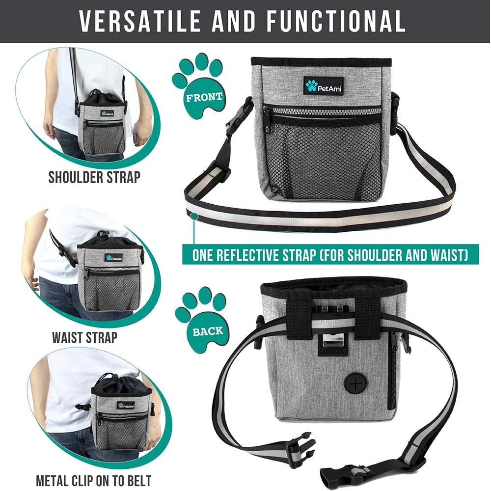 PetAmi Dog Treat Pouch, Pet Treat Pouch for Training, Dog Walking Bag Holder for Kibbles, Pet Food Toy, Dog Trainer Essentials Supplies, Poop Bag Dispenser, 3 Ways to Wear (Heather Gray)