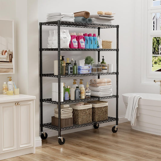 Storage Shelves Heavy Duty with Wheels,45"W x 20"D x 72"H Garage Wire Shelving Unit Loads 2000LBS,5-tier Adjustable Metal Industrial Utility Shelf Rack for Kitchen,Laundry,Pantry,Warehouse,Basement