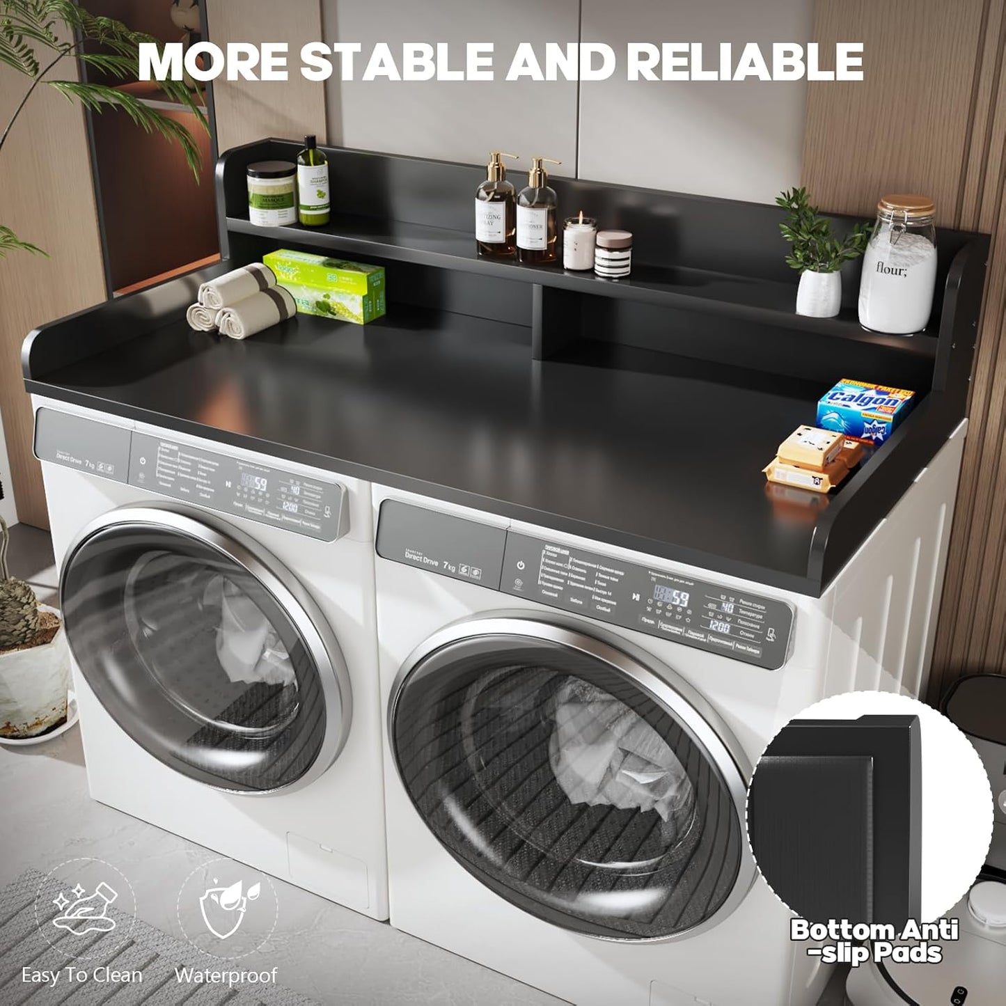 2-Tier Washer and Dryer Countertop with 2.75" H Guard,58" W x 28" D Laundry Countertop Cover with Non-Slip Pad,Large Space Laundry Topper for Folding Clothes Over Washer and Dryer-Black