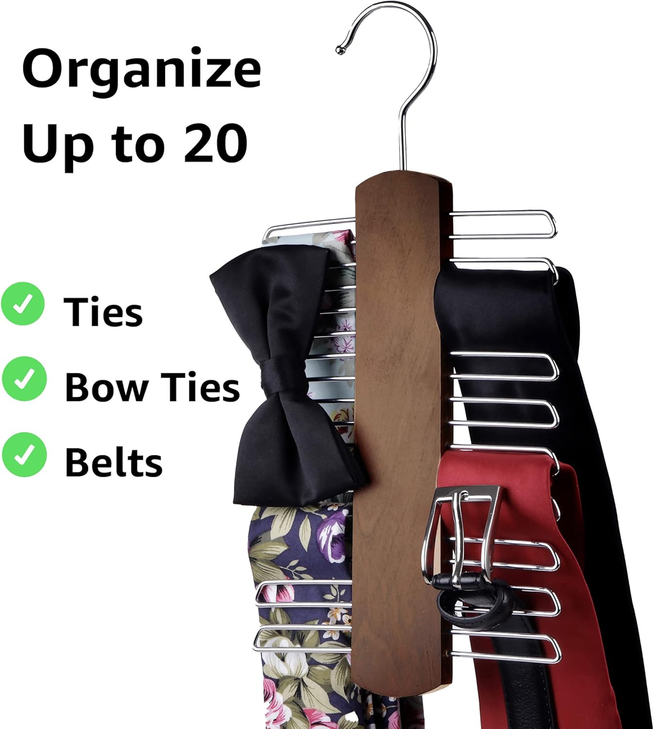 Umo Lorenzo 2 Pack Premium Wooden Necktie and Belt Hanger, Walnut Wood Center Organizer and Storage Rack with a Non-Slip Finish - 20 Hooks