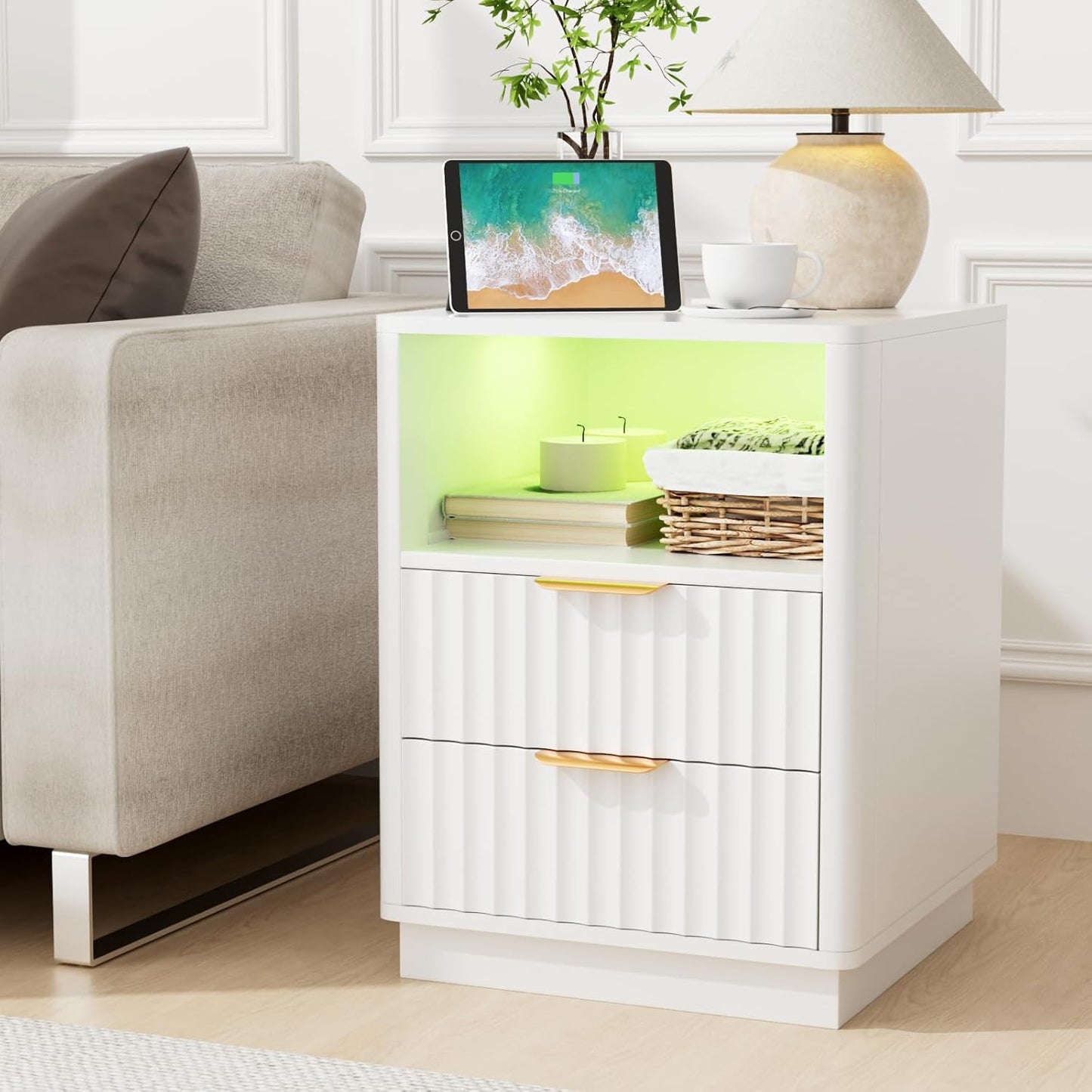 VOWNER Fluted Nightstand with Charging Station, 18” RGB Night Stand with 2 Drawers, End Table with Storage Shelf, Curved Profile Design Side Table, Bedside Table for Bedroom Living Room, White