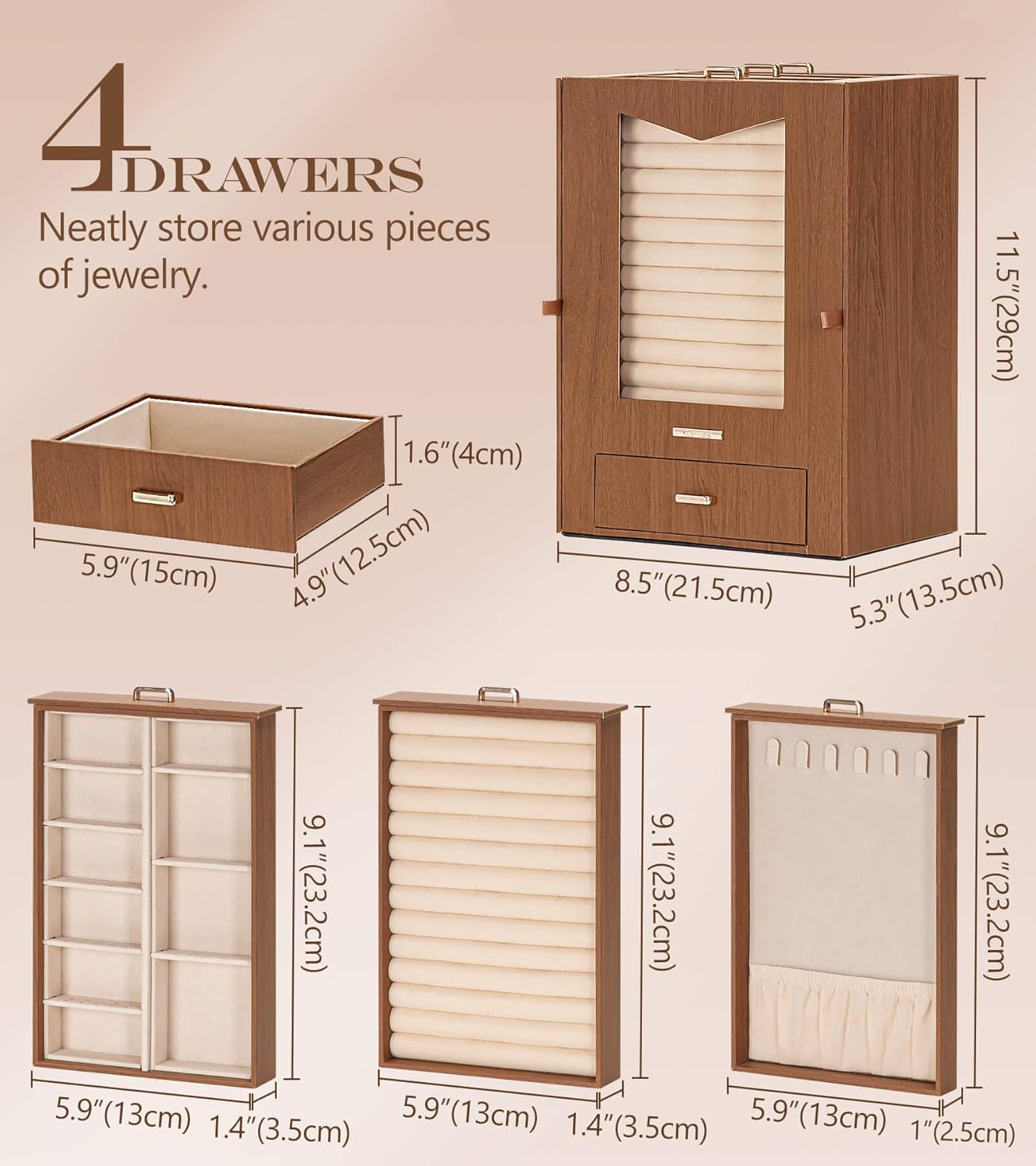 Homde Jewelry Organizer with Transparent Window Necklace Hooks Gift for Women Jewelry Box Display Case for Necklaces Rings Earrings Bracelets and Other Accessories (Brown)