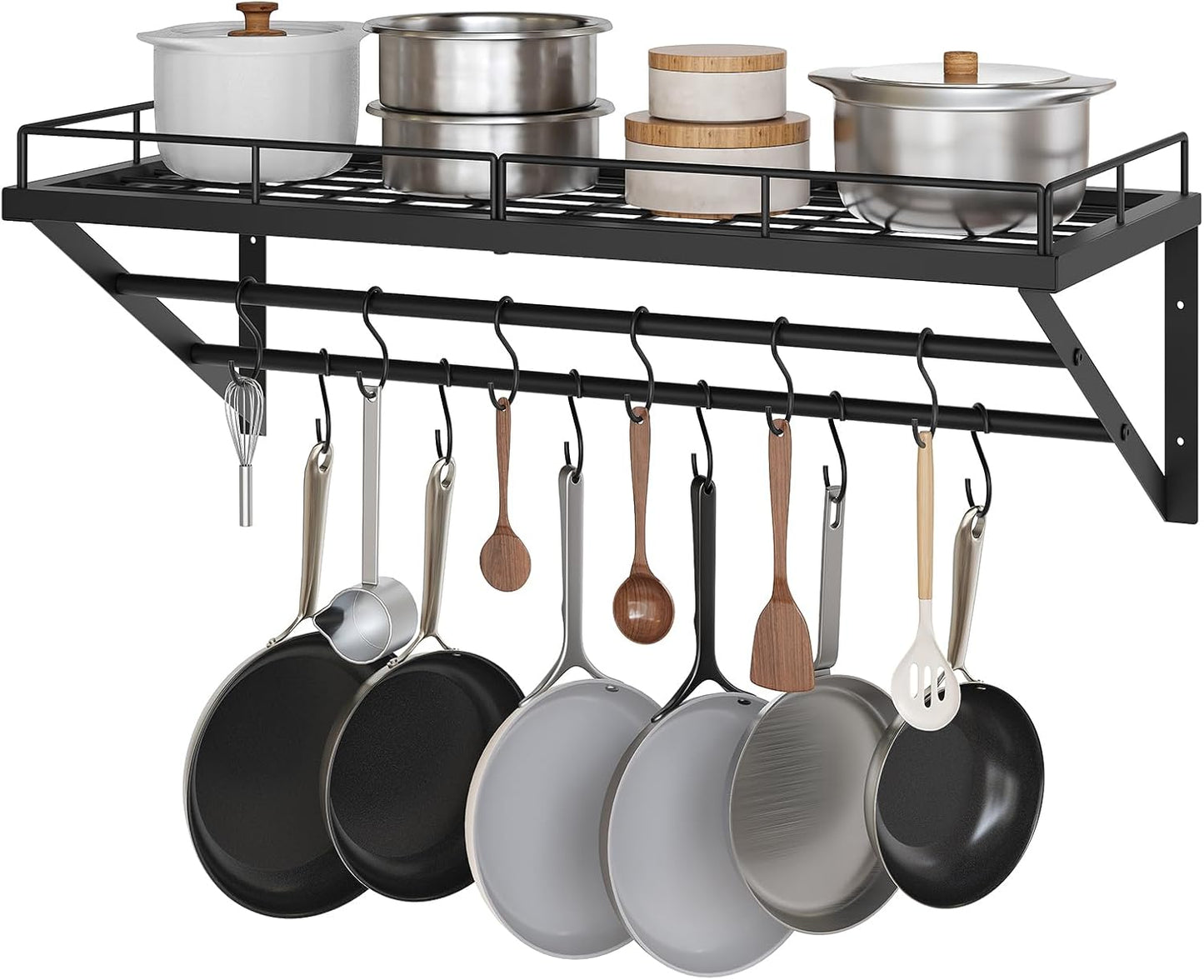 Pot Rack, 30 Inch Wall Mounted Pot Rack, Kitchen Pot and Pan Organizer with 2 Tier Hanging Rails, 12 S-Hooks, Space Saving, for Kitchen Cookware Organizer, Black PR02BK