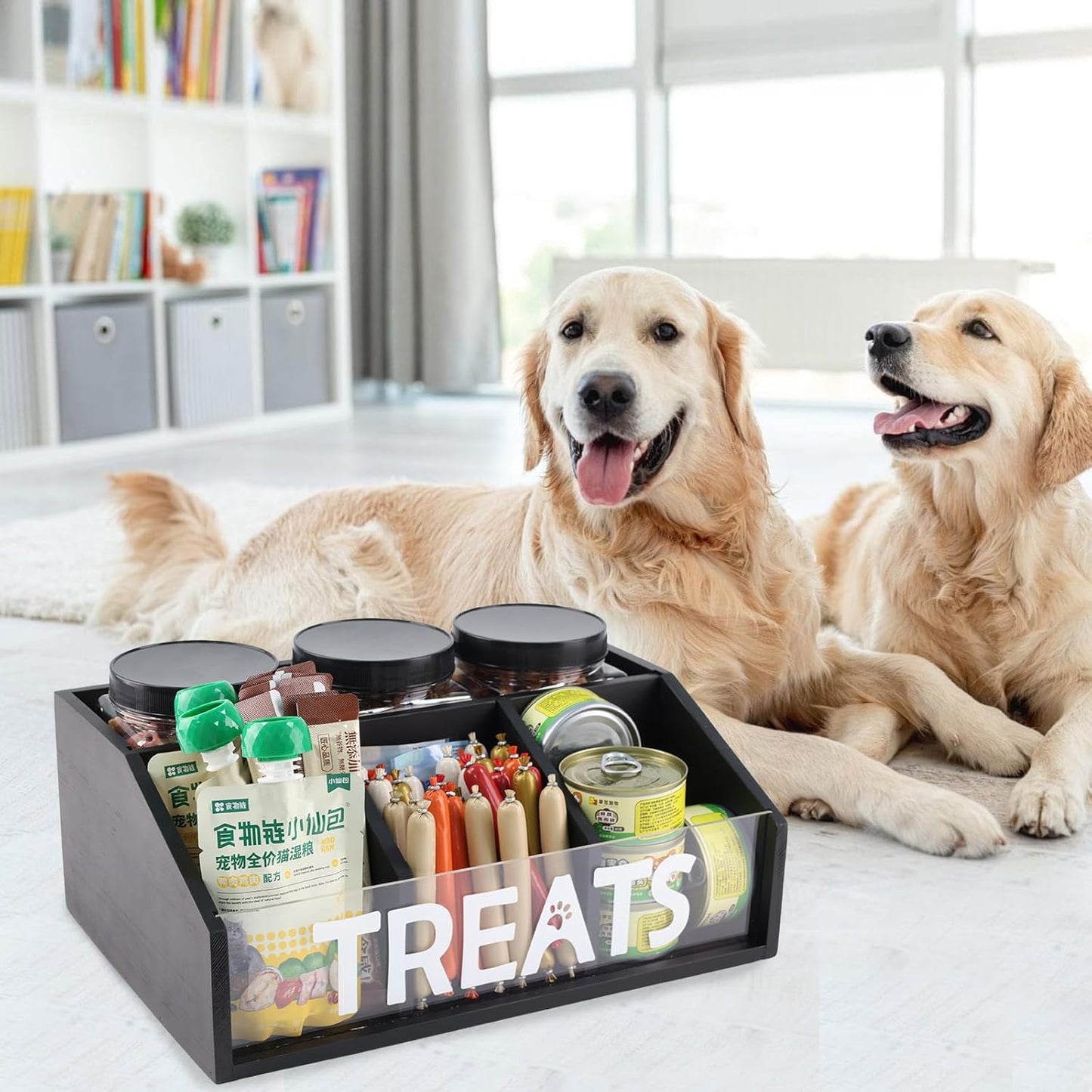 Geyecete Dog Treat Container cat food container with 3 Jars & Compartments pet treat storage dog treat container trapezoid Cute Pet Treat Organizer