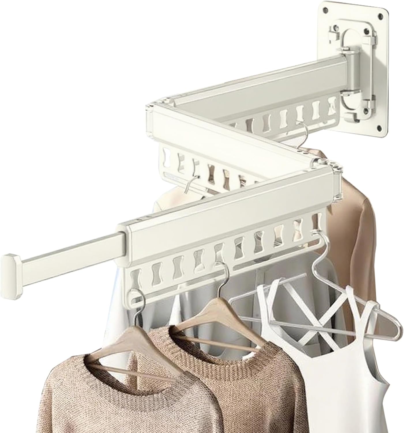 Clothes Drying Rack Wall-Mounted, 3-Fold Retractable Clothes Hanger with Windproof Holes & Detachable Design, Sturdy Foldable Laundry Rack for Balcony, Bathroom Use (Cream White)