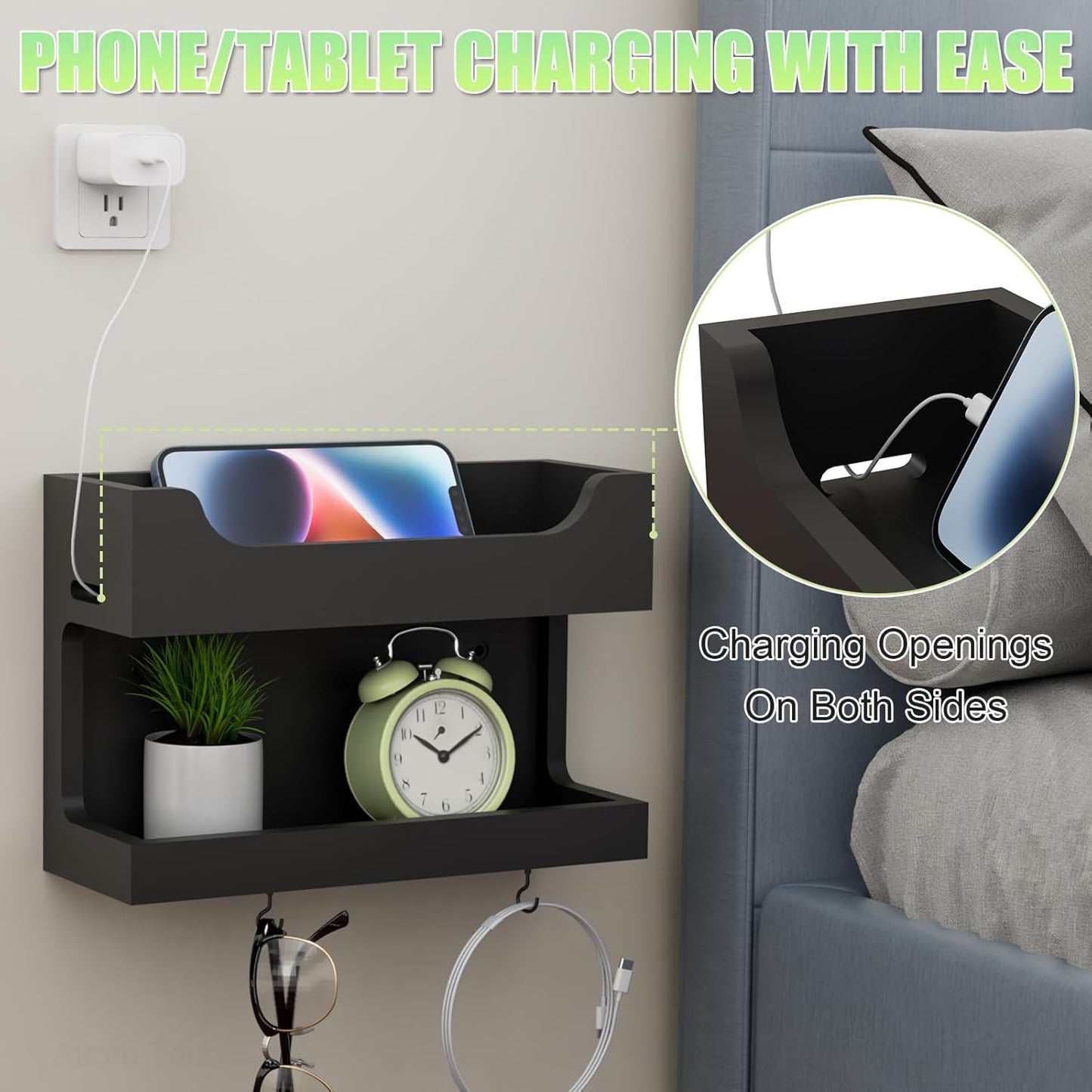 NiHome Wall Mounted Wooden Bedside Accessories Organizer, Double Tray Bedside Storage Shelf Rack with Magnetic Hooks, Bedroom Dorm RV Wall Caddy Holder for Phone Glasses Alarm Clock Remote (Black)