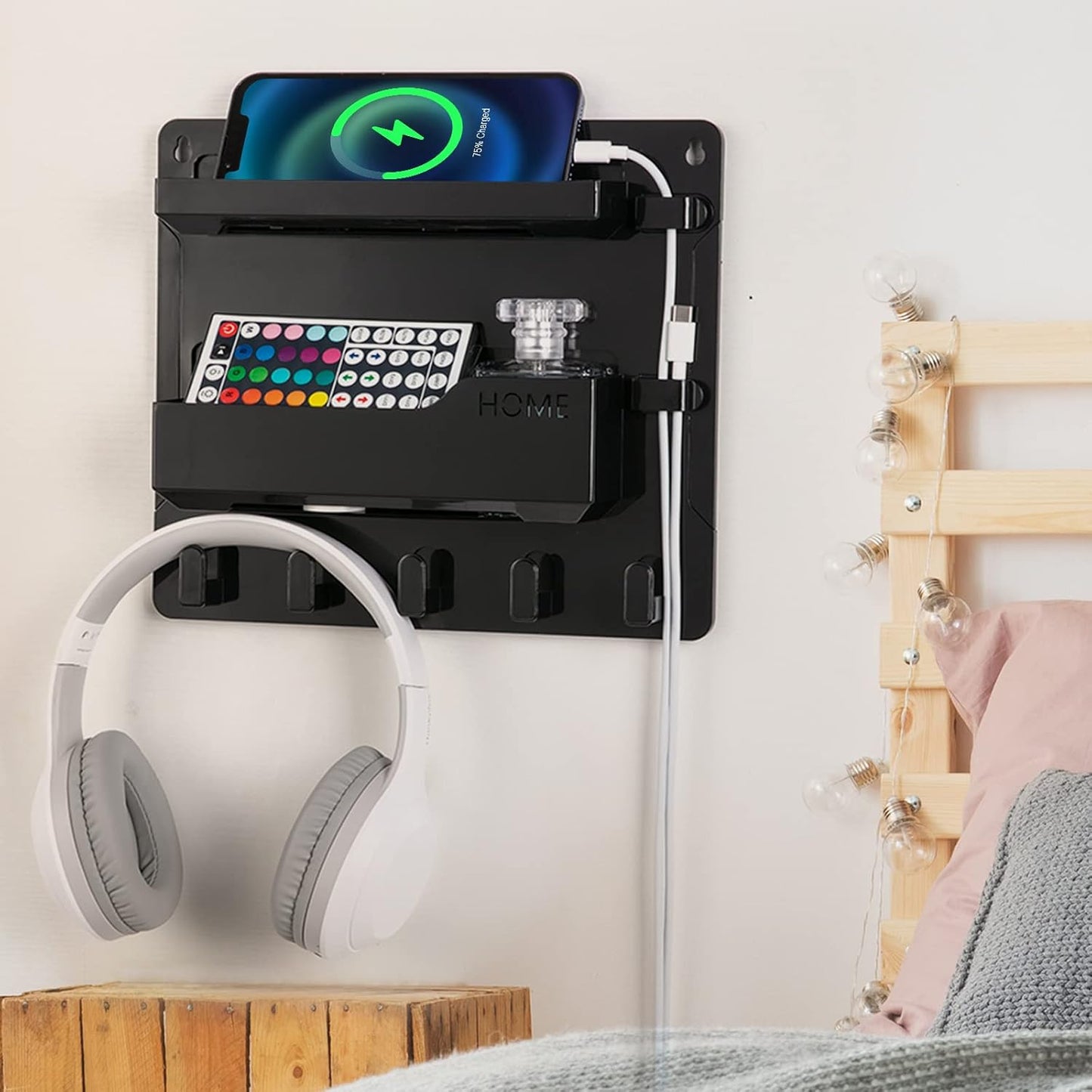Bedside Wall Mount Shelf, Adhesive Bedside Organizer for Remote、Phone、Glasses. Bedside Accessories Storage suitable for College Dorm 、bunk bed 、 Bedroom、Rv（Black）