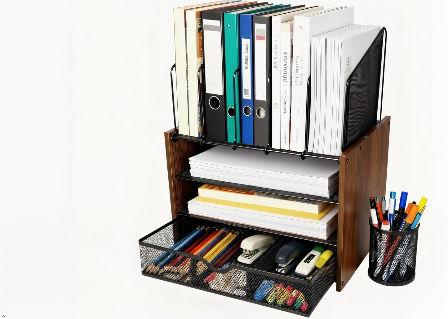 4-Tier Wood & Metal Desk Organizer – Vertical File Tray, Pen Holder & Drawer | Desktop Organizer for Home Office Supplies, Folders, Notebooks & Documents | Space-Saving Mesh Office Organizer