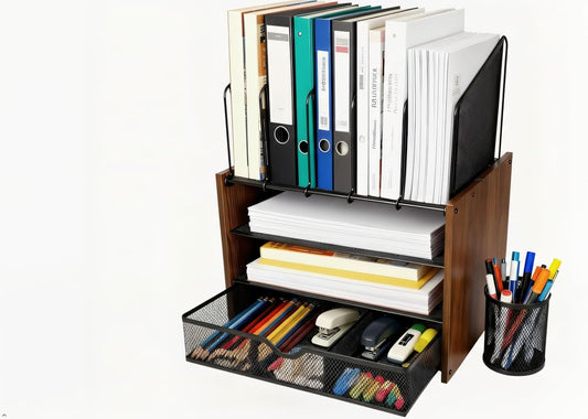 4-Tier Wood & Metal Desk Organizer – Vertical File Tray, Pen Holder & Drawer | Desktop Organizer for Home Office Supplies, Folders, Notebooks & Documents | Space-Saving Mesh Office Organizer