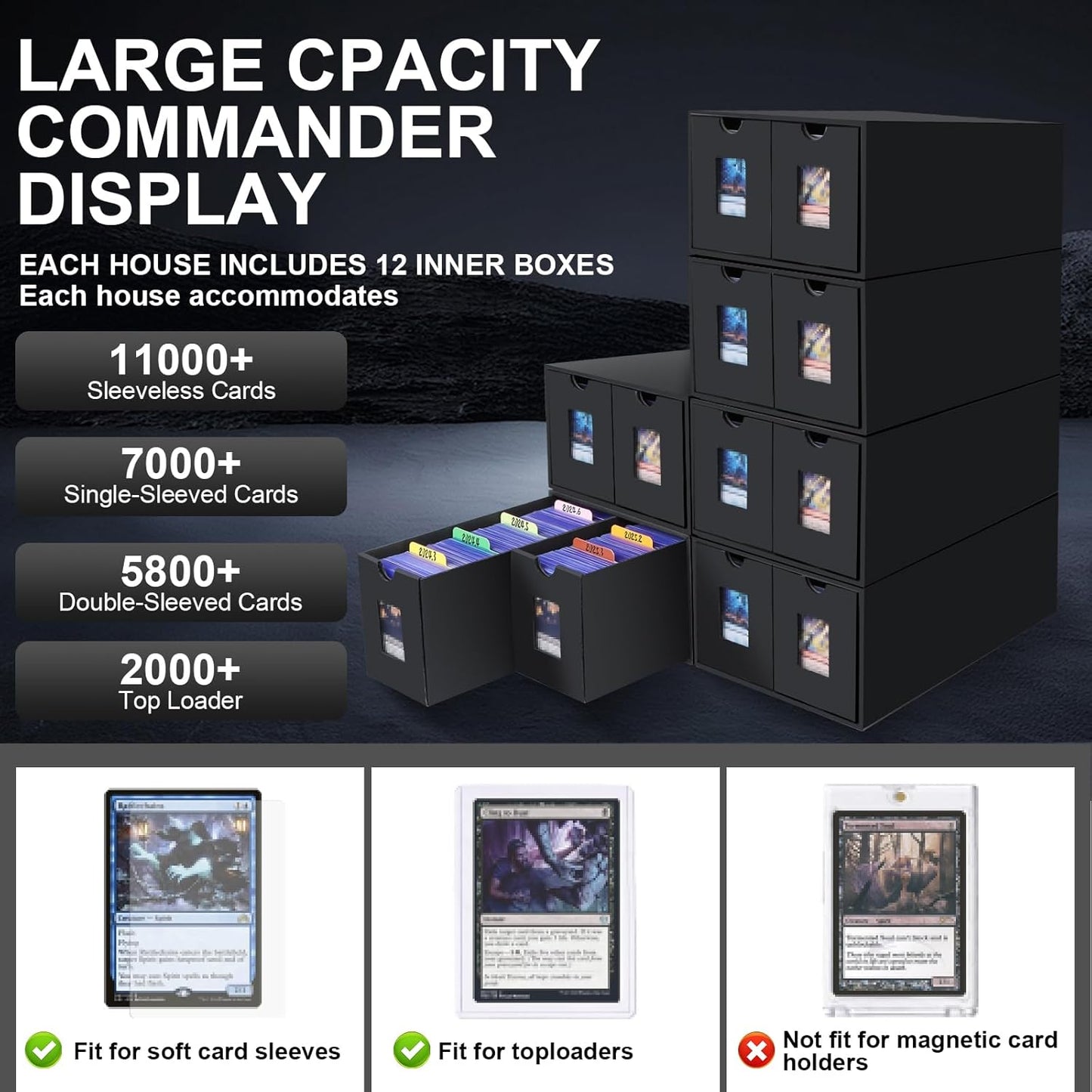 11000+ Card Storage Box, 2000+ Toploader Card Storage Box for Commander Display,with 72 Dividers, Labels & Tapes,Fit for TCG, PTCG, MTG