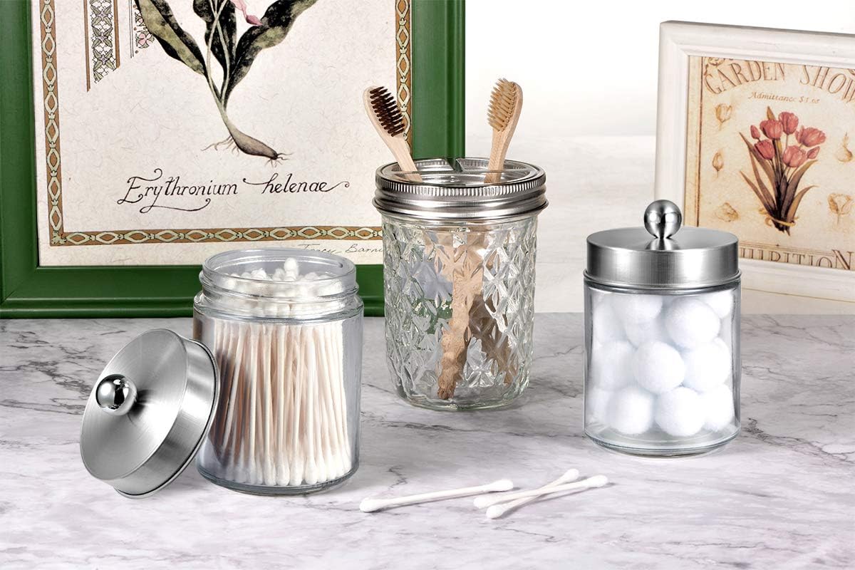 Amolliar Apothecary Jars Bathroom Vanity Organizer -Countertop Canister Jar with Storage Lid - Qtip Dispenser Holder Glass for Qtips,Cotton Swabs,Makeup Sponges,Hair Band - Brushed Nickel (2 Pack)