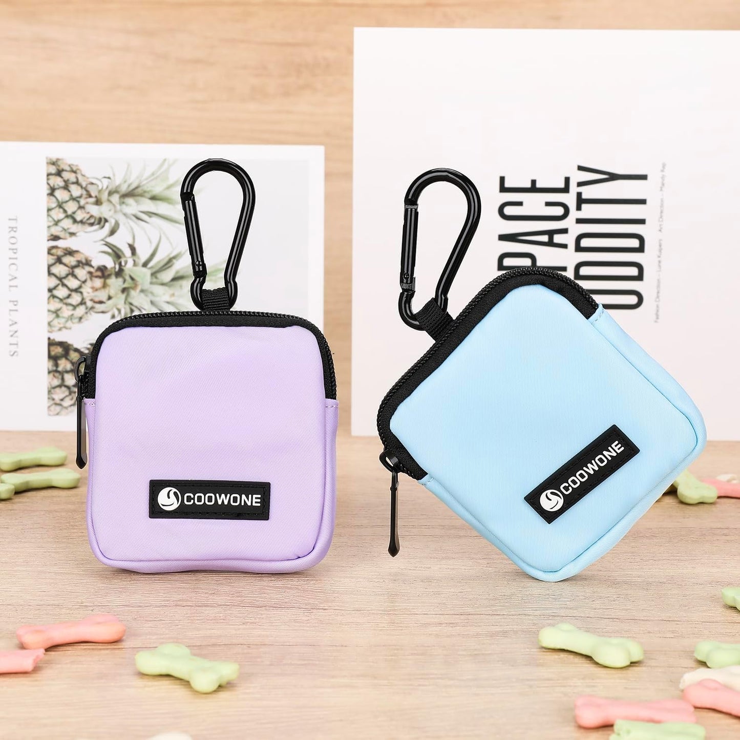 Dog Treat Pouch 2 PCS, Waterproof Small Dog Treat Bag for Leash, Hands Free Puppy Walking Bag with Carabiner, Pet Poop Bag Holder for Pet Puppy Travel or Outdoor Use, Zipper Closure to Avoid Spilling