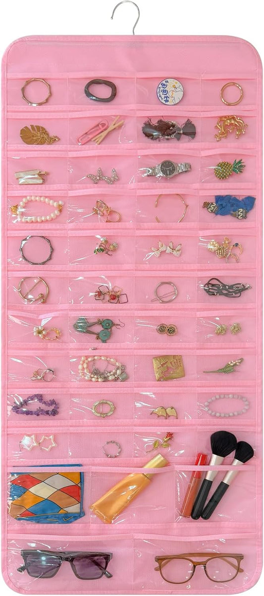 Bloss Hanging Jewelry Organizer With 90 Pockets,Earring Holder Organizer Storage For Valentine's Day Gift,Double-Sided Jewelry Holder for Earrings, Necklaces, Rings on Closet,Wall,Door(Pinck)