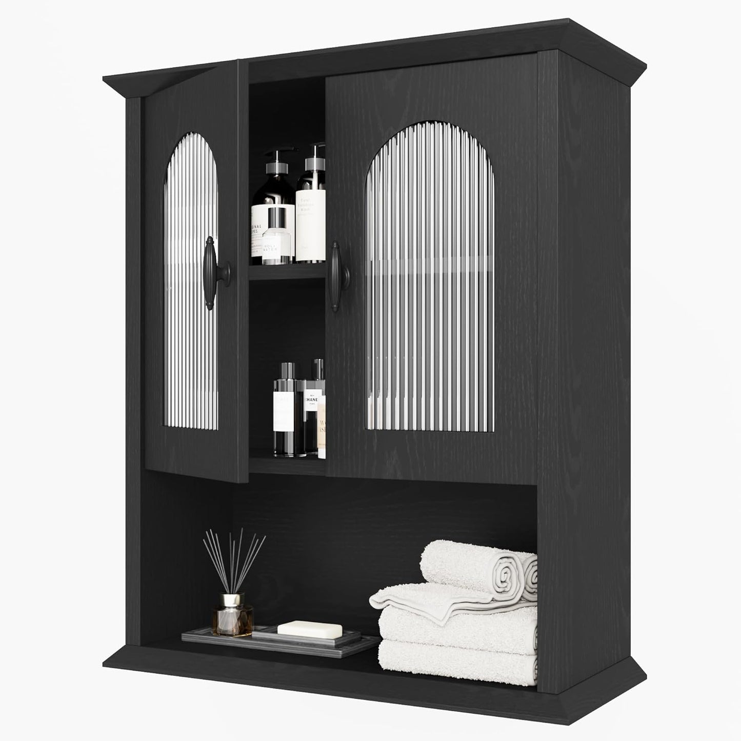 CJL Bathroom Wall Cabinet with Fluted Door, 18.9'' x 23.6'' Medicine Cabinet, Over The Toilet Storage Cabinet, Black