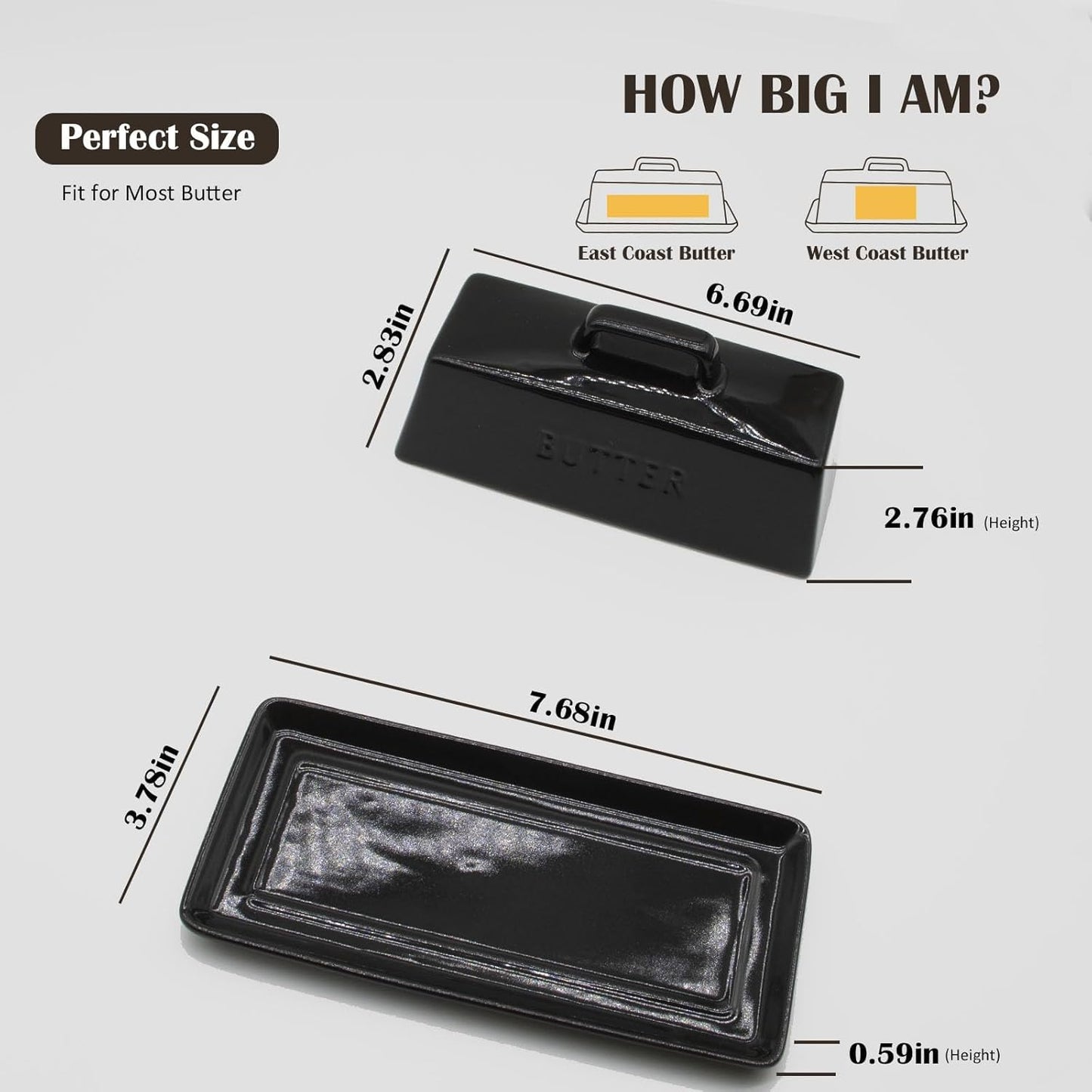 Ceramic Butter Dish With Lid for Countertop, Covered Butter Holder With Lid, Black Butter Container, Butter Tray With Handle