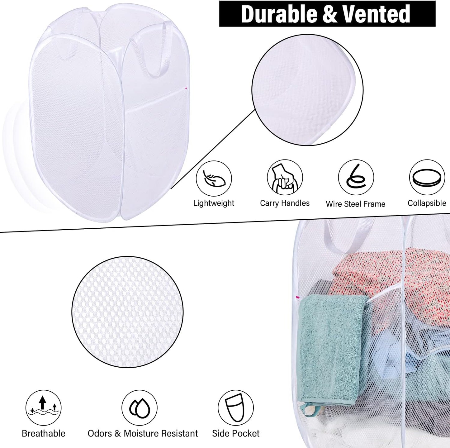 BATTOO Deluxe Strong Mesh Pop up Laundry Hamper Basket with Side Pocket for Laundry Room, Bathroom, Kids Room, College Dorm or Travel 2 Pack White