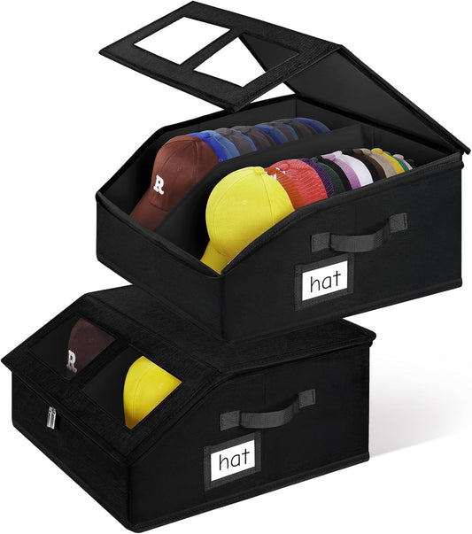 2 Pack Hat Storage for Baseball Caps-Holds Up to 48 Caps, Hat Organizer for Closet Stackable Hat Box with Cardboard, Dustproof Baseball Cap Organizer with 2 Handles for Home Travel (Black, 2Pack)