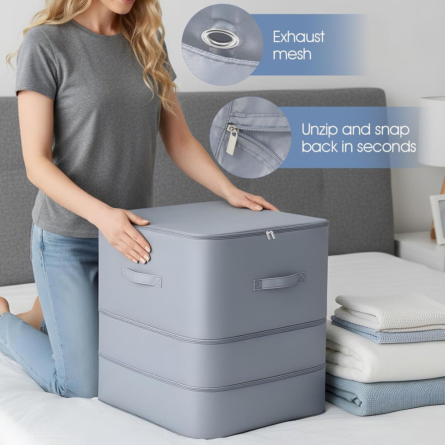 2 PCS 3-Layer Ultra Space Saving Zipper Compression Storage Bags Large Capacity Organizer Multifunctional Comforter Storage Bag for Comforters Blankets Bedding and Seasonal Clothing Gray