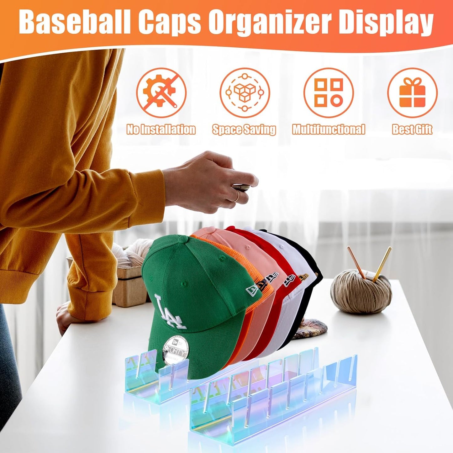 Hat Stand for Baseball Caps, 2 Pack No Install Acrylic Hat Organizer for 14 Baseball Caps Storage Organizer, Hat Racks Hat Holder Display and Organization for Closet, Bedroom, Dresser (Colorful-2Pack)