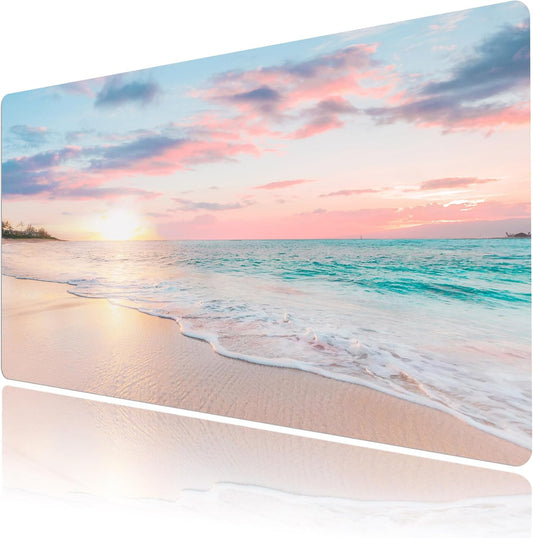 LB Coastal Beach Sunset Mouse Pad Nature Teal Ocean Large Mouse Pad for Desk Modern Aesthetic Extended Desk Pad Non-Slip Rubber Base Computer Mouse Mat for Home Office Gaming 15.7L X 31.5W Inch