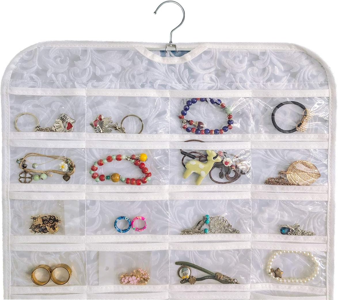 BB Brotrade Hanging Jewelry Organizer,Accessories Organizer,80 Pocket Organizer for Holding Jewelries (White-Embossed)