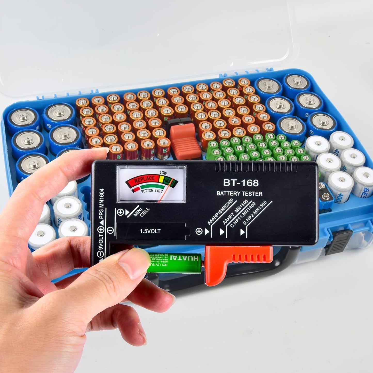 Battery Storage Organizer Case Holder Box with Tester, Double-Sided Batteries Fits for 269 Caddy Container AA AAA AAAA 3A 4A 9V C D Lithium 23A 4LR44 CR123A CR1632 CR2032 - Deep Blue