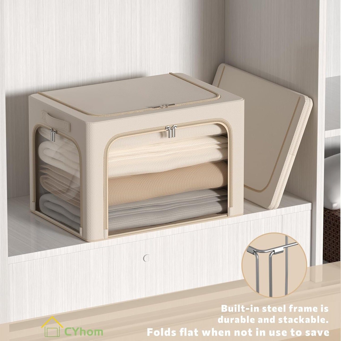 CYhom 3Pack Clothes Storage Bins - Oxford Frame Storage Box Foldable Stackable Storage Organizer with 3 Openings Design, Metal Frame, Clear Window, Carry Handles (36L-15.7 * 11.8 * 11.8in, Beige)