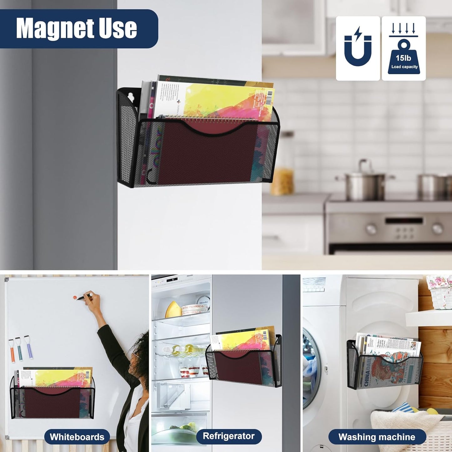 Magnetic File Holder 2 Pockets File Folder Organizer, Office Hanging Magazine Rack for Refrigerator, White Board, No Drilling Paper Document Holder Mail Organizer for File Cabinets