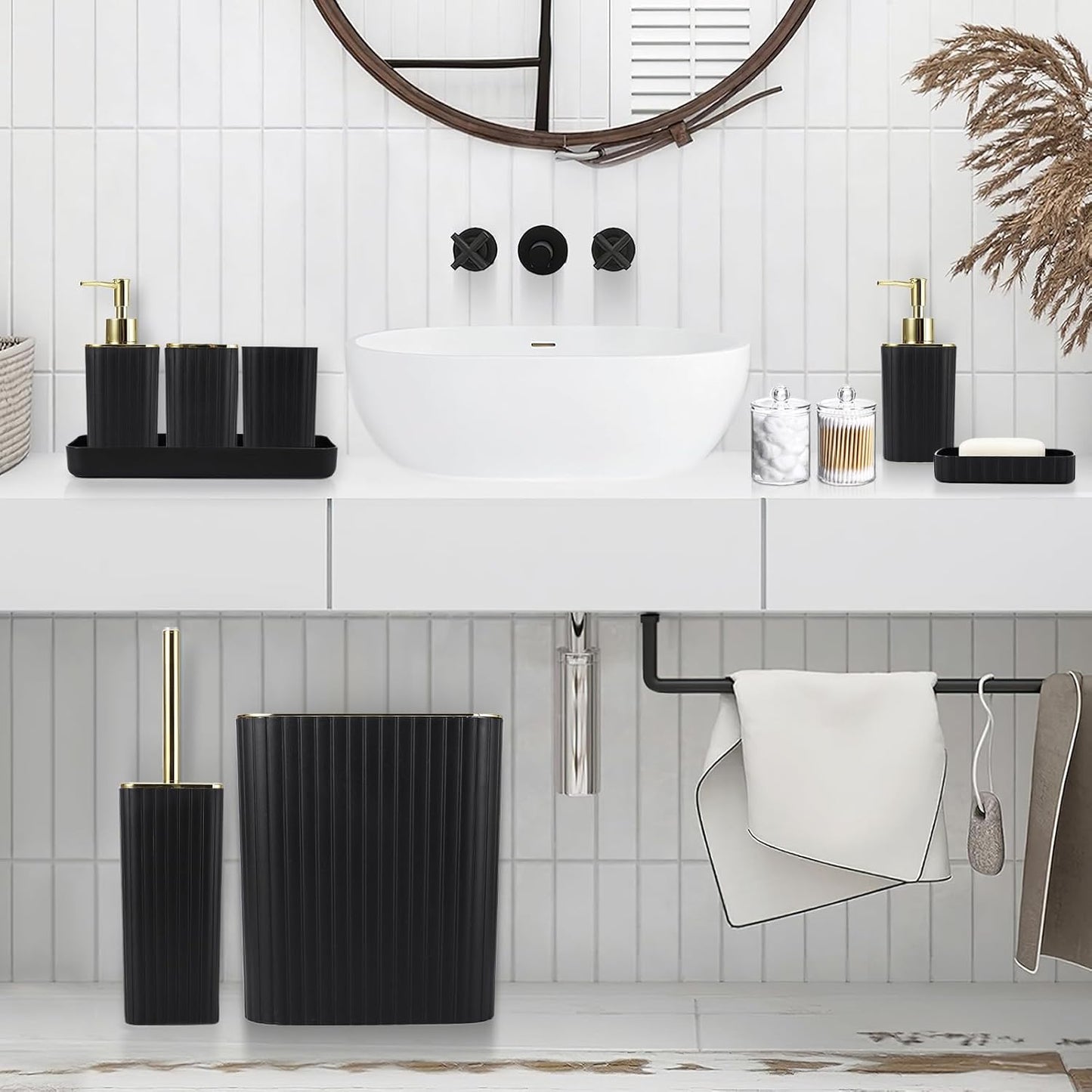 Bathroom Accessories Set - Gorgeous Black Bathroom Set, 10PC Bathroom Accessory Set, Toilet Brush, Trash Can, Qtip Holder Dispenser & Soap Dispenser