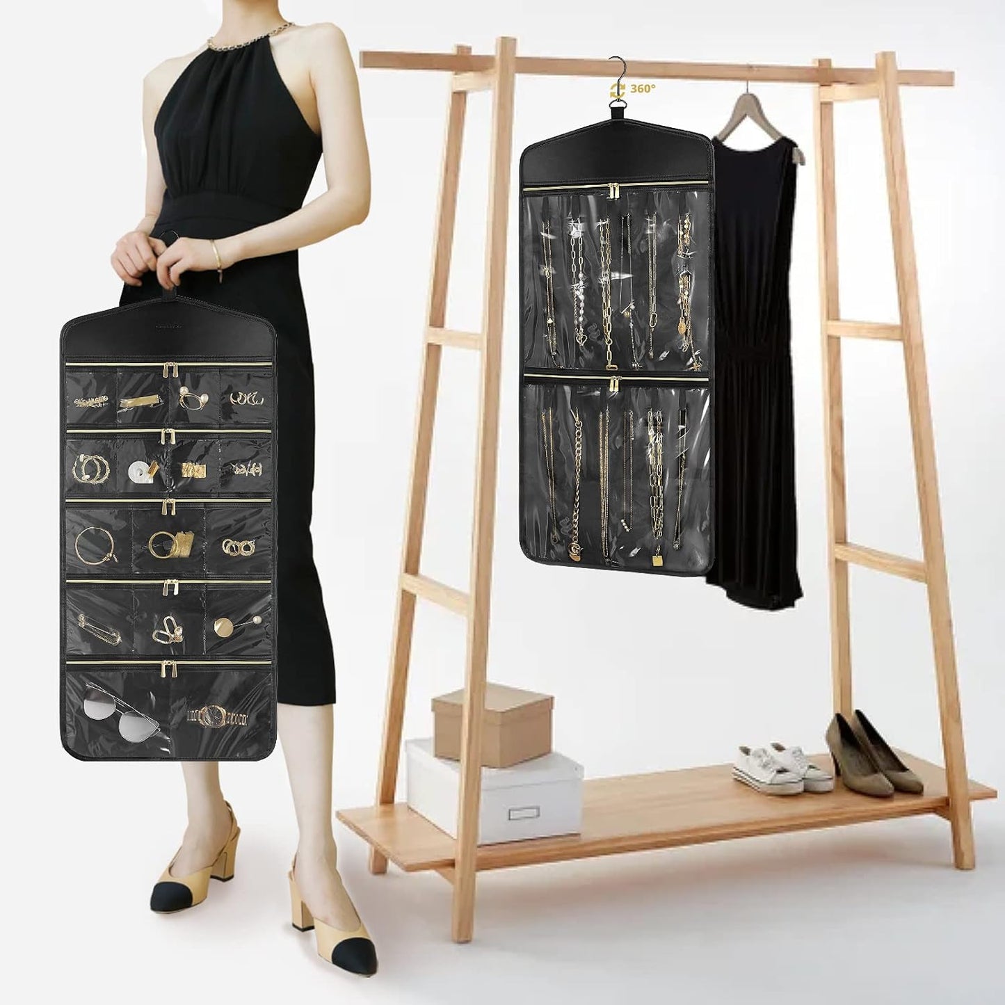 CHICECO Travel Jewelry Holder Organizer,Hanging Jewelry Organizer Storage with Zippered Pockets for Cloest,Jewelry Holder for Earrings, Necklaces（Black）
