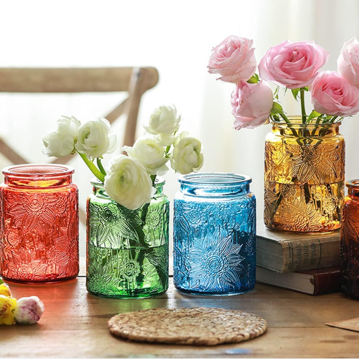 ANSQU Set of 4 Vintage Glass Storage Jars, 23.7oz Glass Coffee Canisters Decoraitve Mason Jars Sugar Containers with Airtight Wooden Lids for Kitchen Pantry, Cookie Jars (Sunflower)
