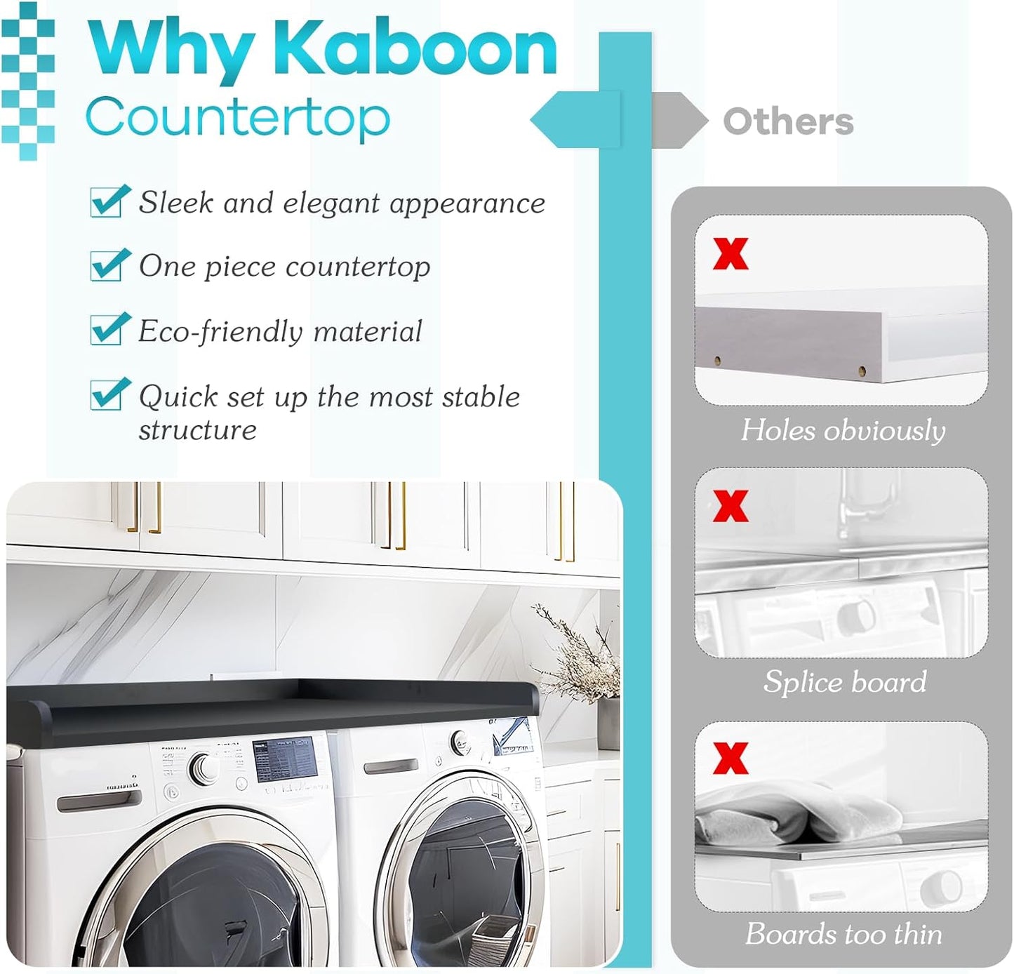 Kaboon Washer Dryer Countertop 58" x 28" Extra Large Version, Melamine Countertop with 3.5" Edge Rails, Laundry Room Organization, Black