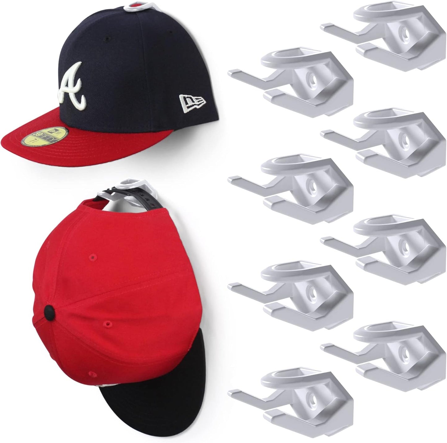 Modern JP Adhesive Hat Hooks for Wall (8-Pack) - Hat Rack for Baseball Caps, Minimalist Hat Display, Strong Hold Hat Hangers for Wall - USA Patented, White