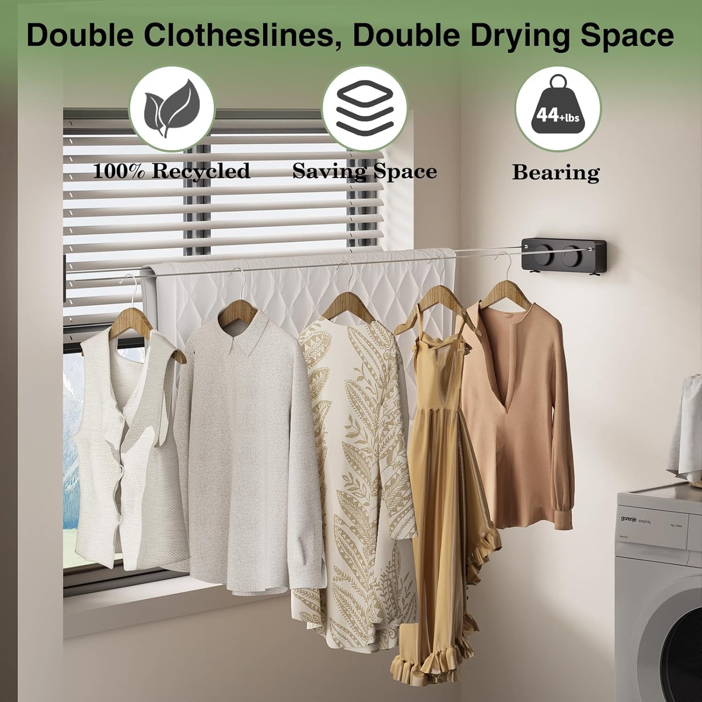 Danpoo Retractable Clothesline, Anti-Sag Adjustable Knob Heavy-Duty Clothes Line for Indoors/Outdoors with 2 * 13.8ft Stainless Steel Wire, Laundry Wall Drying Solutions,Black
