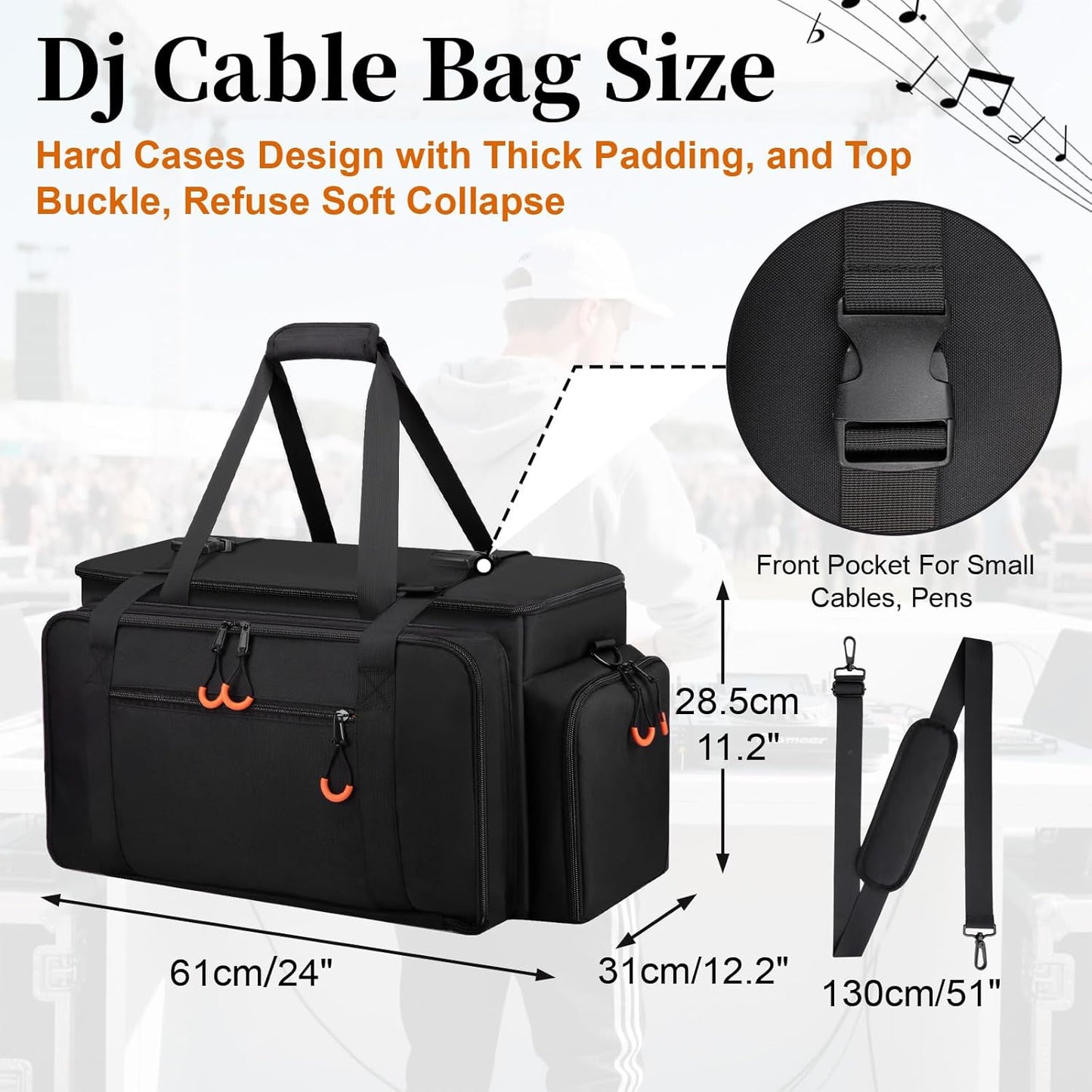 Large Dj Cable Bag with Laptop and Microphone Pocket, Dj Bag for Equipment and Music Accessories with Detachable Dividers, Bottom Pad, Dj Gig Bags for Musicians, Professional, Travel, Orange