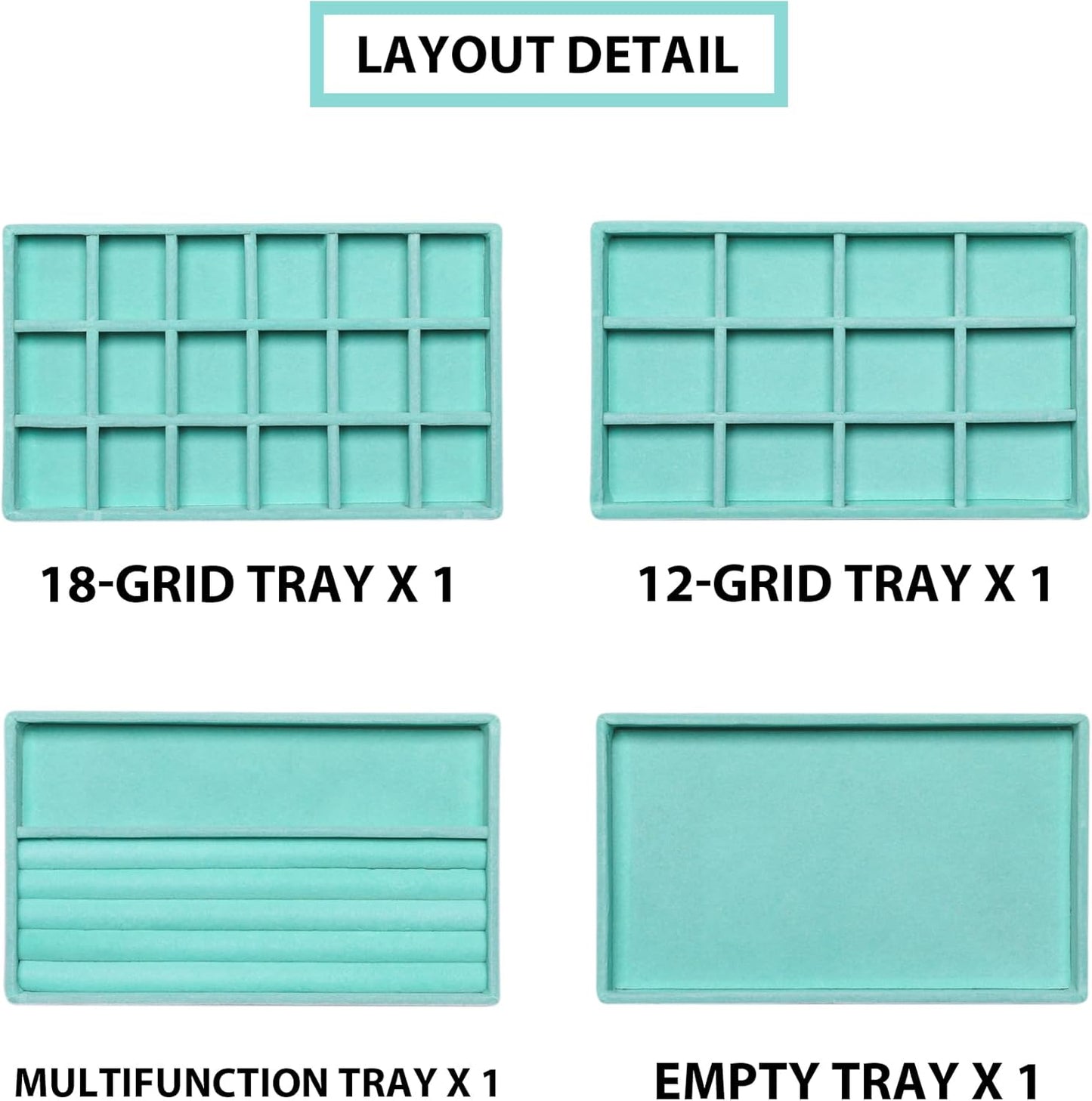 Frebeauty Jewelry Organizer Tray,Stackable Velvet Jewelry Trays,Drawer Inserts Earring Organizer For Women Jewelry Storage Display Case for Rings Stud Necklaces,Set of 4(Turquoise)