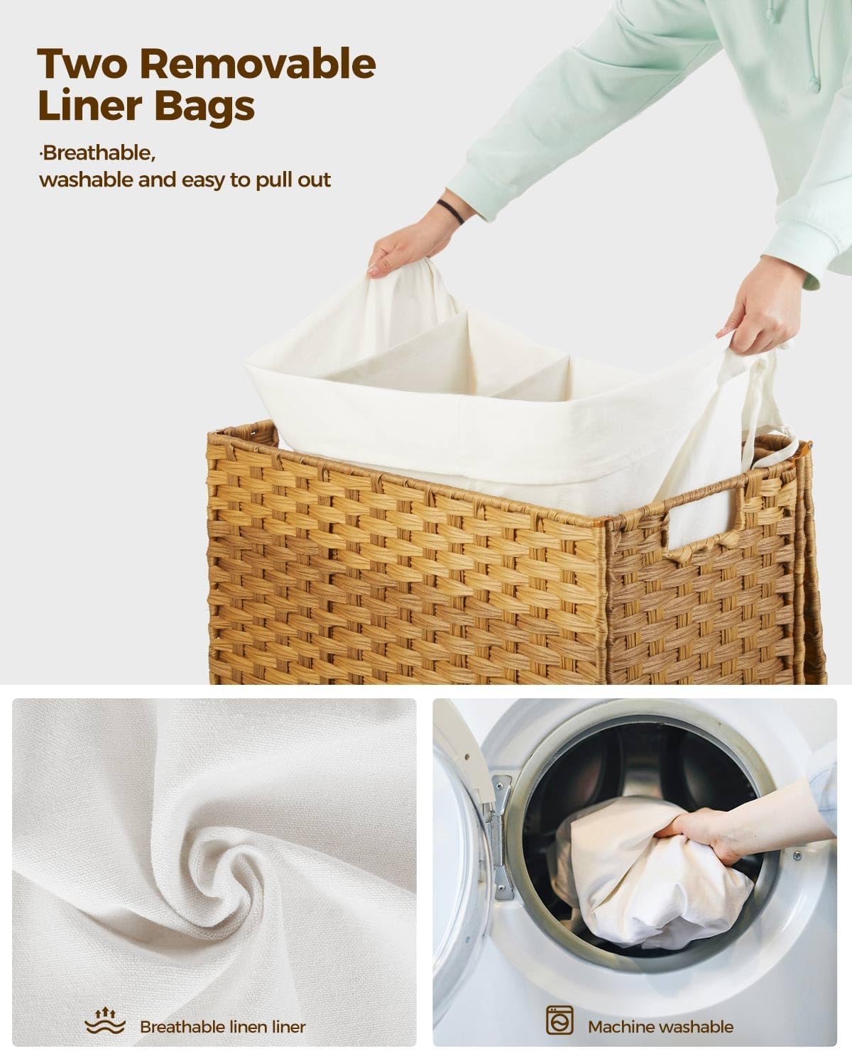 Greenstell Laundry Hamper with Wheels&Lid, 130L Large 3 Sections Clothes Hamper with 2 Types Removable Liner Bags, 5 Mesh Laundry Bags, Handwoven Divided Laundry Basket for Clothes, Natural