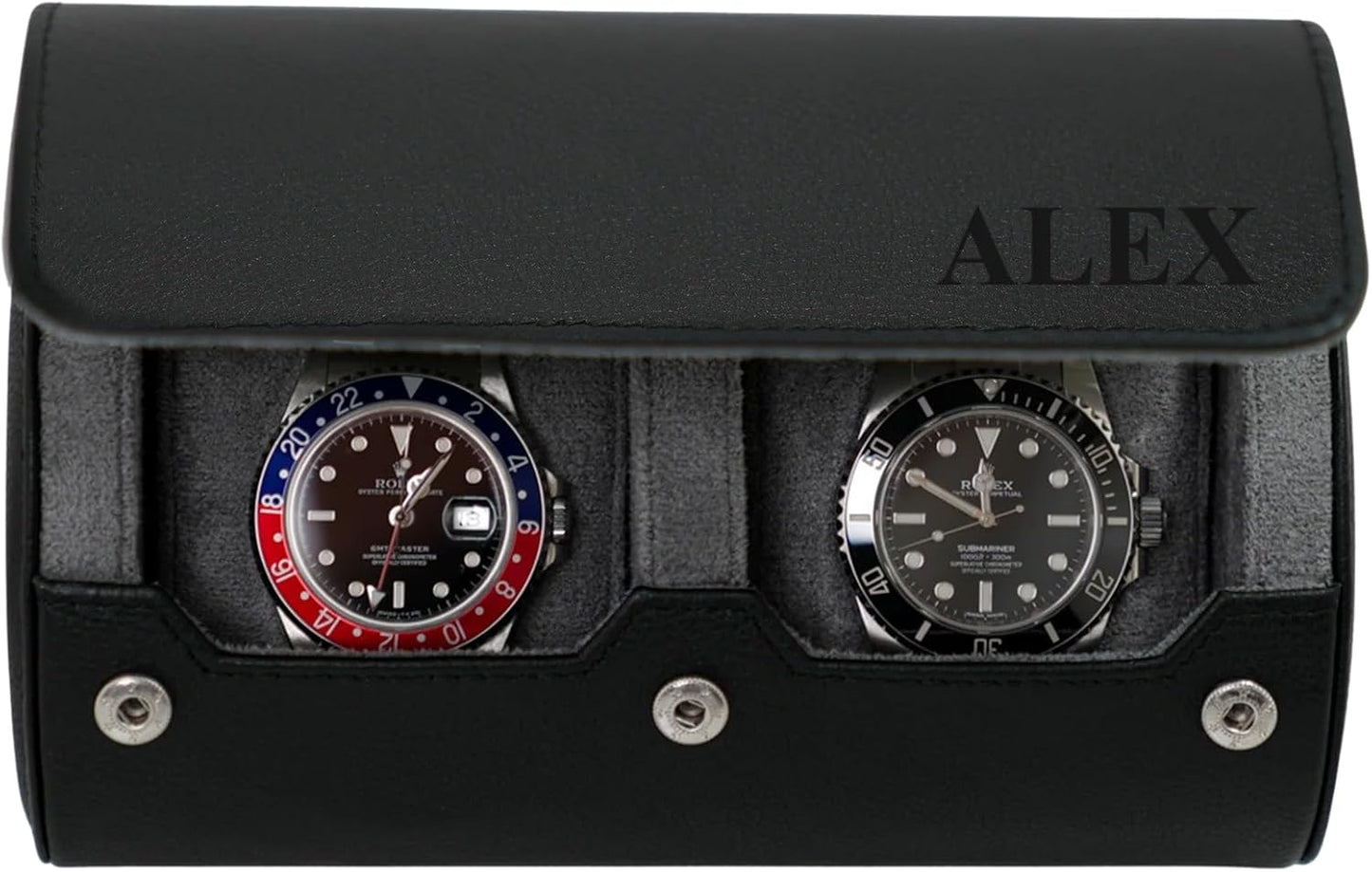 DailyWatch | Personalized Watch Roll Travel Case For 2 Watches - Handmade Genuine Leather Travel Case With Custom Engraving of Name or Initials - Black Grey