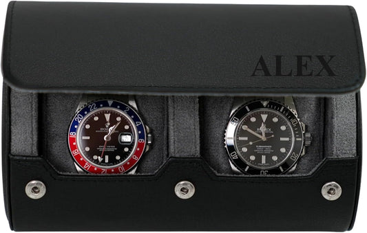 DailyWatch | Personalized Watch Roll Travel Case For 2 Watches - Handmade Genuine Leather Travel Case With Custom Engraving of Name or Initials - Black Grey