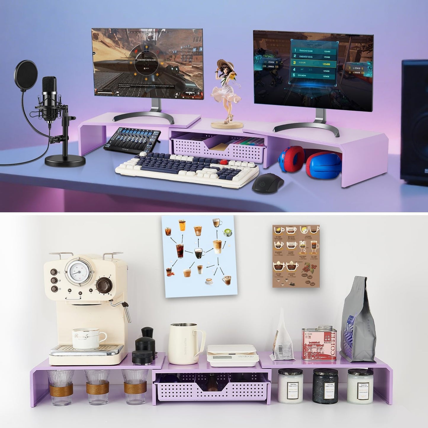 Dual Monitor Stand Riser with Drawer, Desk Organizer and Accessories, Metal Laptop Stand for Desk, Workspace Desktop Stand for Computer, Laptop, TV and More (Purple)