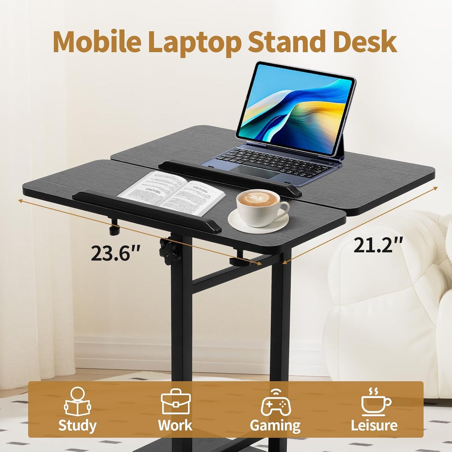 Rolling Desk for Laptop - Standing or Sitting Mobile Computer Cart with Wheels, Adjustable Height & Angle 23.6-inch Surface - Portable Home Office Workstation - Black