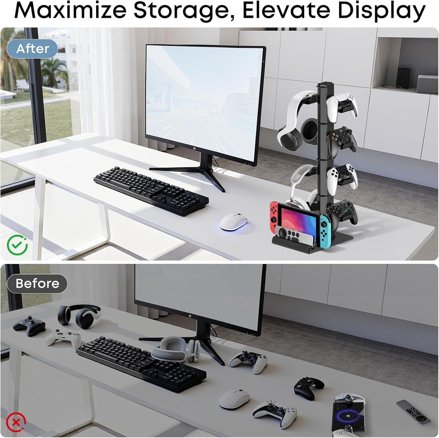 Headphone and Game Controller Desk Stand for PS5/ Xbox/ PS4 Controller, 4 Tiers Headset Hanger with Organizer for Switch 2/1/PS Portal Game Console, Multiple Controller Storage Dispay Rack- 8 Hooks