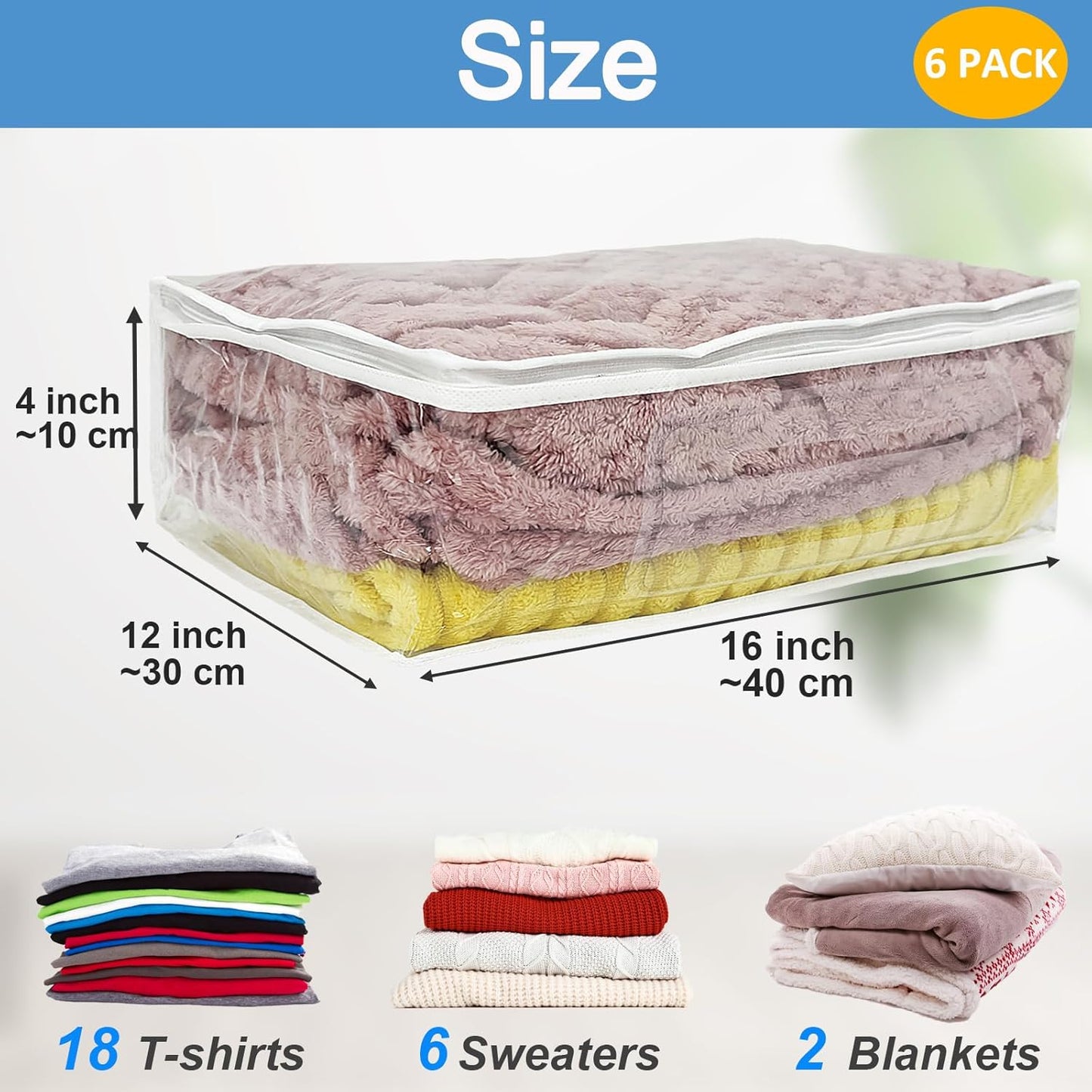 Esme L&H 6Pcs Sweater Storage Bags for Clothes, Clear Storage Bags with Zipper for Sweater Blanket Bed Sheet, Zippered Clothing for Blanket,Bedsheet,Linen,Bedding,16 * 12 * 4 Inch