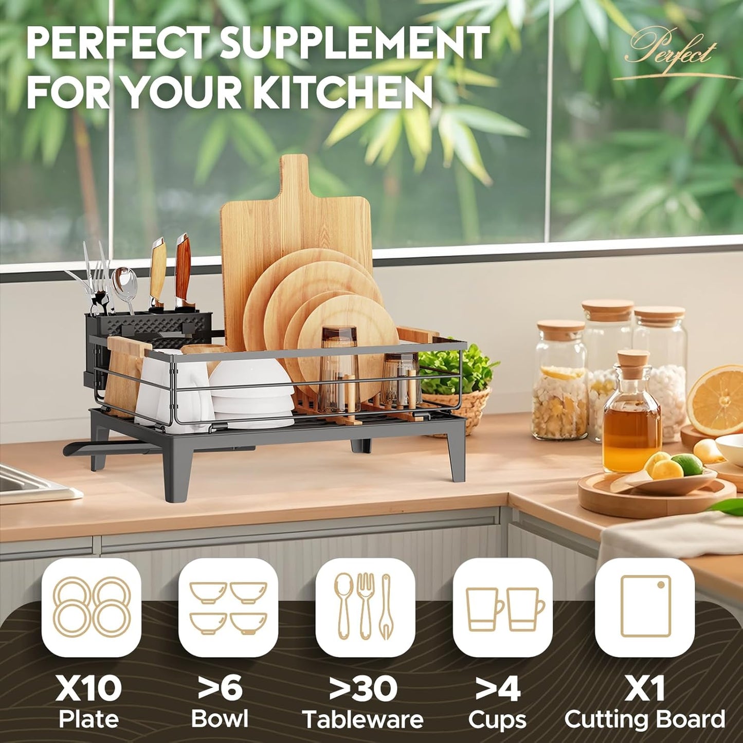 JYPS Dish Drying Rack for Kitchen Counter Decor with Drainboard Auto-Drain，Rustproof Dish Rack Drainers with Utensil Holder, Wooden Handles，360° Rotatable Drainer, Higher Legs (Black)