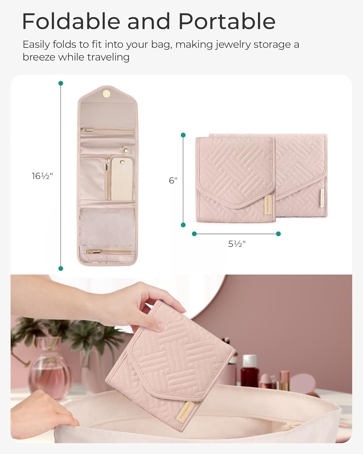 BAGSMART Travel Jewelry Organizer Case Foldable Small Jewelry Roll for Journey Rings, Necklaces, Earrings, Bracelets,Mini,Soft Pink