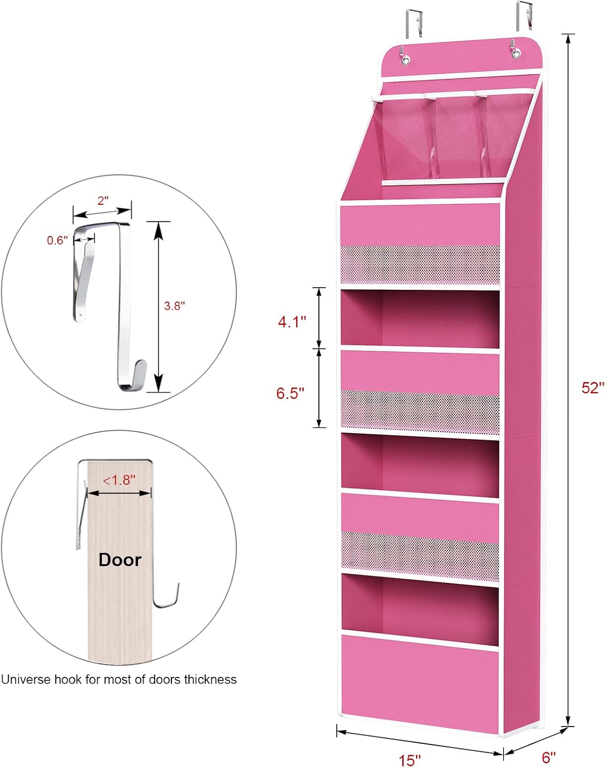 Univivi 5-Shelf Fabric Door Storage Over Door Hanging Organizer with 4 Large Pockets and 3 Small PVC Pockets Nursery Closet Cabinet Wall Mount Hanging Storage Organizers for Baby Nursery (Pink)