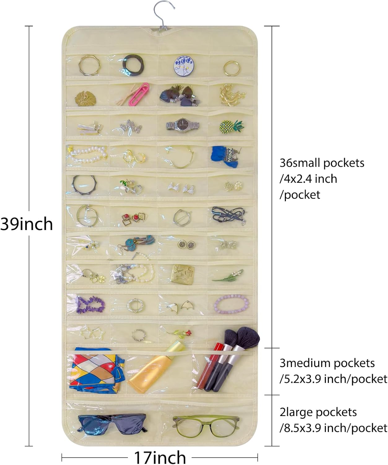 Bloss Hanging Jewelry Organizer With 90 Pockets,Earring Holder Organizer Storage For Valentine's Day Gift,Double-Sided Jewelry Holder for Earrings, Necklaces, Rings on Closet,Wall,Door(Beige)